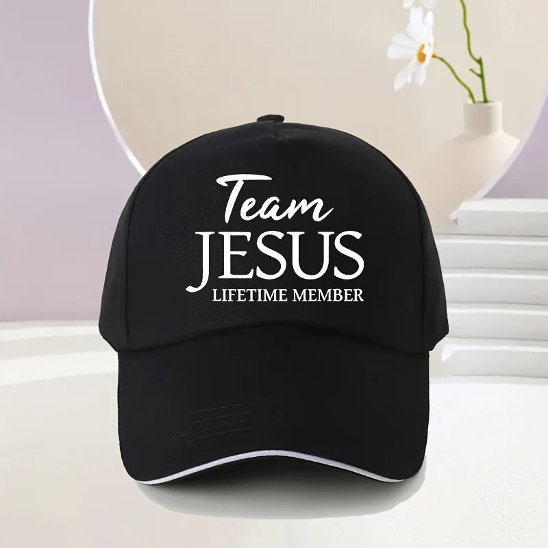 Team Jesus Lifetime Member Baseball Cap - Unisex Adjustable Outdoor Sports and Travel Hat, Black with White Letters