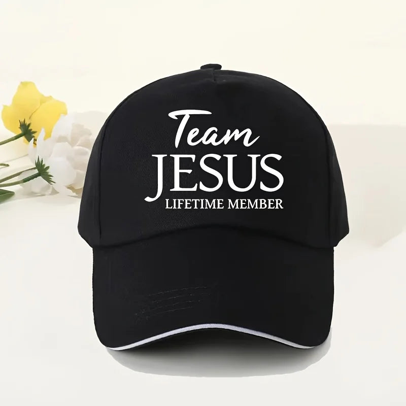 Team Jesus Lifetime Member Baseball Cap - Unisex Adjustable Outdoor Sports and Travel Hat, Black with White Letters