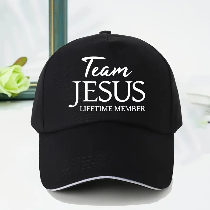 Team Jesus Lifetime Member Baseball Cap - Unisex Adjustable Outdoor Sports and Travel Hat, Black with White Letters