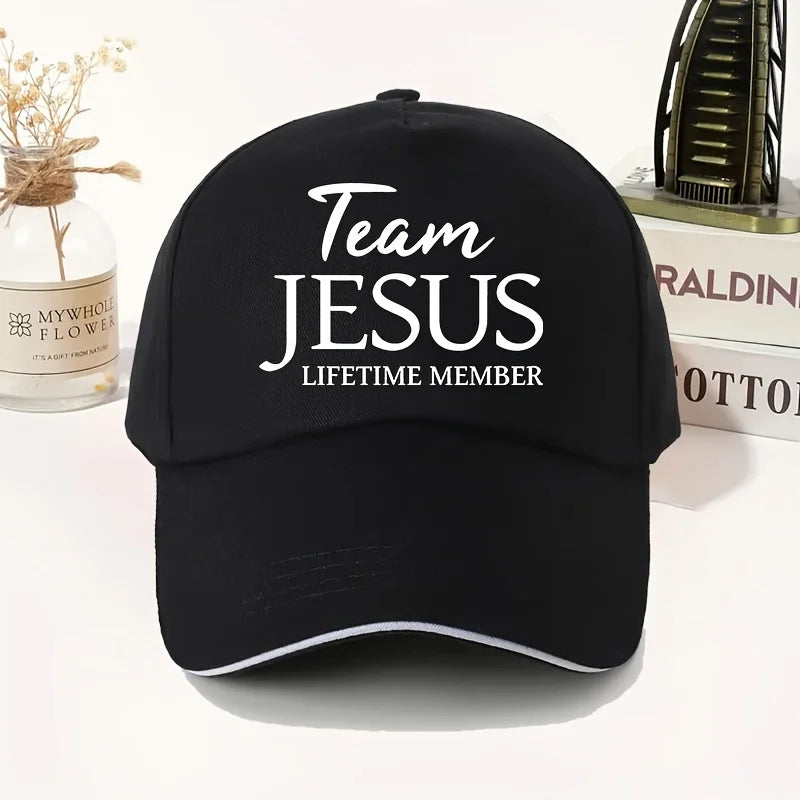 Team Jesus Lifetime Member Baseball Cap - Unisex Adjustable Outdoor Sports and Travel Hat, Black with White Letters