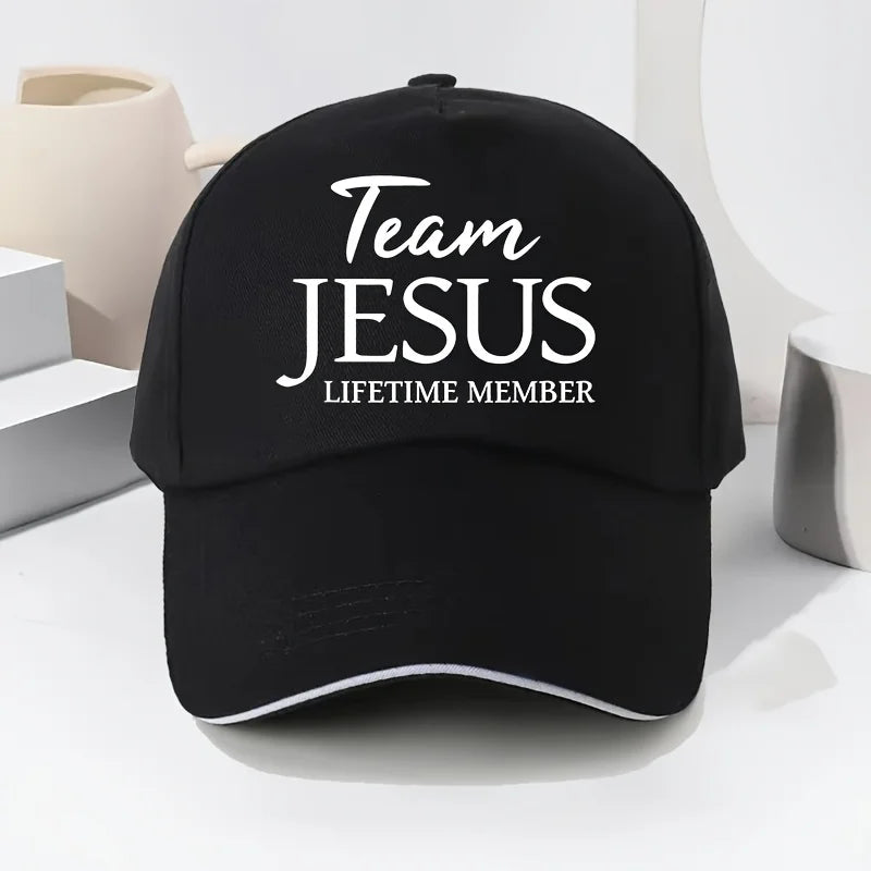Team Jesus Lifetime Member Baseball Cap - Unisex Adjustable Outdoor Sports and Travel Hat, Black with White Letters